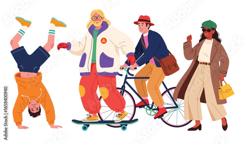 Trendy urban characters performing activities like handstand, skateboarding, cycling, and walking, showcasing modern lifestyle and fashion diversity.