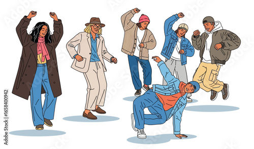 Trendy urban characters performing activities like handstand, skateboarding, cycling, and walking, showcasing modern lifestyle and fashion diversity.