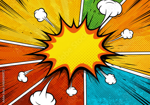 Comic book style background with explosion effect and halftone patterns in various colors