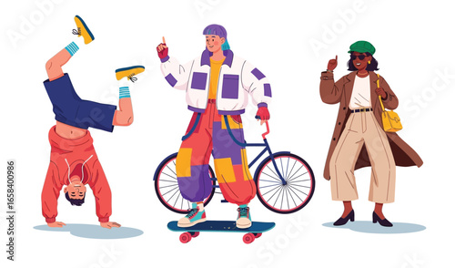 Trendy urban characters performing activities like handstand, skateboarding, cycling, and walking, showcasing modern lifestyle and fashion diversity.