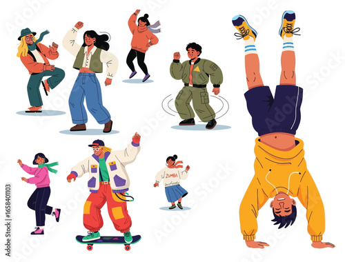 Trendy urban characters performing activities like handstand, skateboarding, cycling, and walking, showcasing modern lifestyle and fashion diversity.