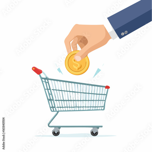 Business Hand Depositing Coin Into Shopping Cart