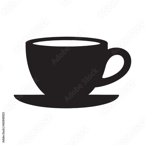 Black and white vector illustration of a coffee cup on a saucer perfect for logos and designs