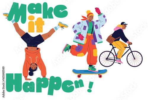 Trendy urban characters performing activities like handstand, skateboarding, cycling, and walking, showcasing modern lifestyle and fashion diversity.
