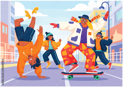 Trendy urban characters performing activities like handstand, skateboarding, cycling, and walking, showcasing modern lifestyle and fashion diversity.