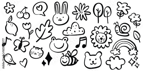 cute hand drawn doodle animal and nature icon set with like bunny, bear, lion, cat, bee, plus flowers, trees, fruits and clouds, perfect for kids design, nursery art, planner stickers and education