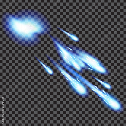 Radiating light-blue streaks with comet-like trails and central luminous area on transparent dark-gray checkerboard background, fast-moving abstract glowing light digital illustration