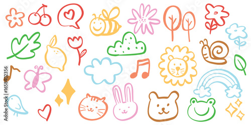 colorful hand drawn doodle set with cute animals, fruits, flowers, clouds, leaves, rainbow, and music notes for children’s design, educational materials and sticker decoration. vector illustration