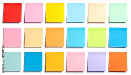 Sticky Note Post It Board Office. Business people meeting at office and use post it notes to share idea. Brainstorming concept. Sticky note on glass wall or blackboard. Set of colorful blank notes.	