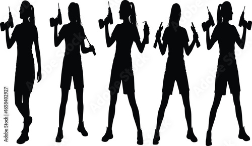 "Female silhouette with power tools, construction worker posing, DIY, building project, woman with drill, empowering, labor, team, tool work"