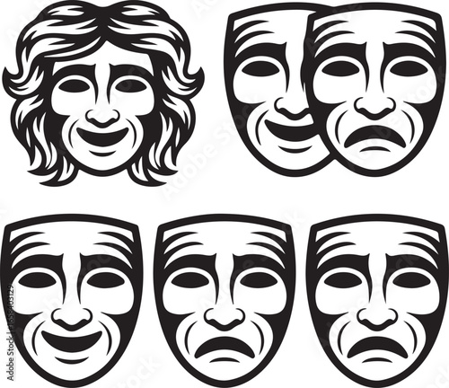 Tragedy and Comedy Masks Vector Set Depicting Drama and Theater Expressions