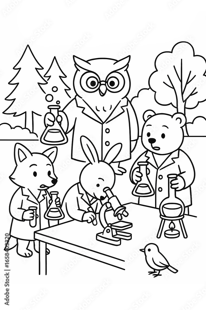 Fototapeta premium Cartoon animals wearing lab coats doing science experiments with microscope and flasks. Coloring page