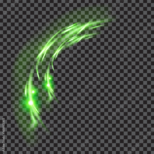 Curved luminous green light lines with scattered sparks radiating from central point on transparent dark-gray checkerboard background, abstract energy streak digital illustration