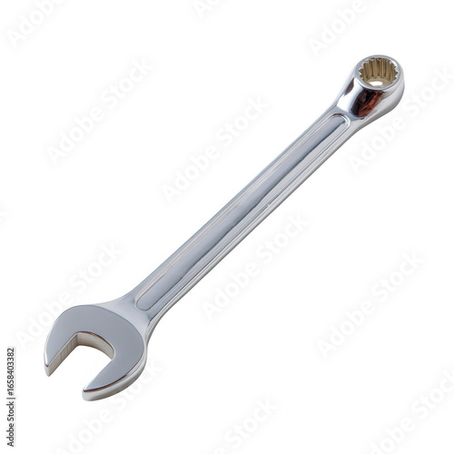 Shiny chrome wrench on a white isolated background, ideal for representing tools, mechanics, and engineering.