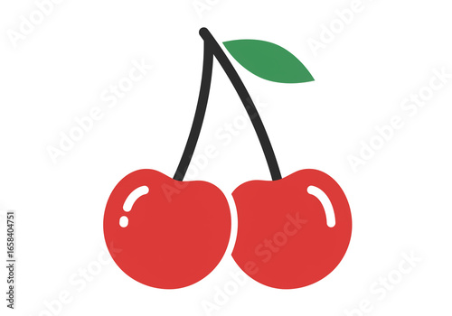 Illustration of two red cherries connected by black stems with a green leaf on a white background