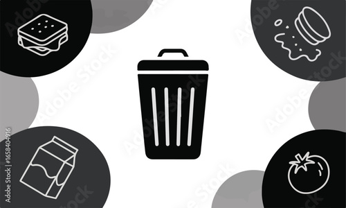 Food Waste Reduction Concept Illustration with Trash Can and Food Icons on Background