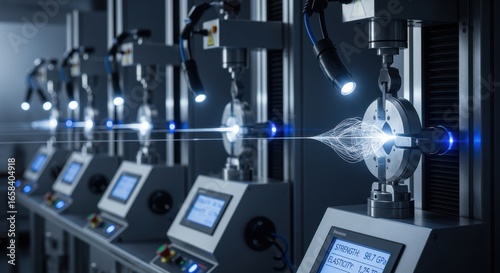 Detailed shot of tensile testing rigs measuring strength and elasticity of newly spun carbon nanotube space elevator fibers.