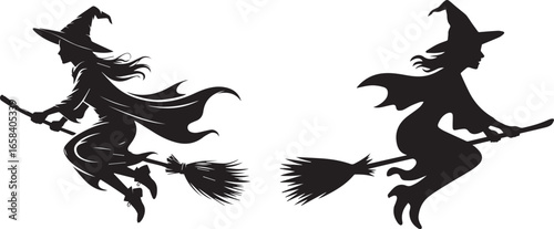 Silhouette of a witch flying on a broomstick against a white background