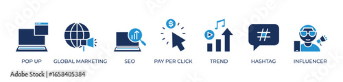 Digital Marketing Power Icons set vector illustration blue with Pop up, Global marketing, Seo, Pay per click, Trend, Hashtag, Influencer