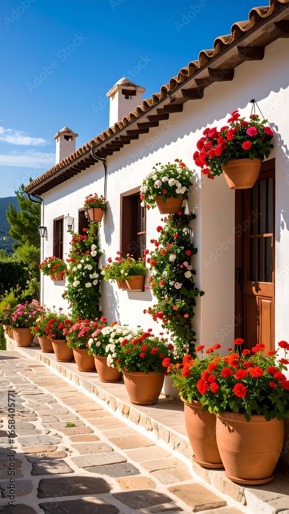 Naklejka premium White house with vibrant flowers