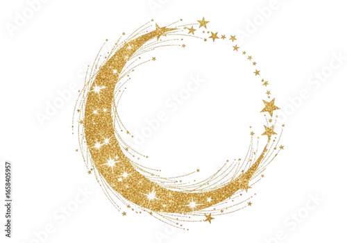 Golden crescent moon with stars on black background abstract art