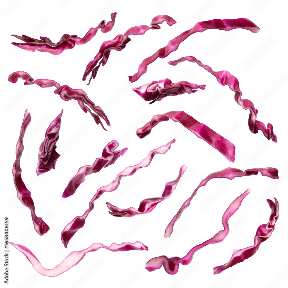 Fototapeta premium Shredded fresh red cabbage on white background, collage