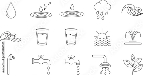 Water Related Icons Featuring Drops Waves Faucets Showers and Glasses of Water rain