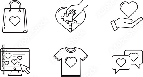 Set of six line art icons representing love and commerce heart shopping bag