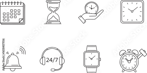 Time Management and Support Icons Featuring Calendar Hourglass Watch and Bell vector