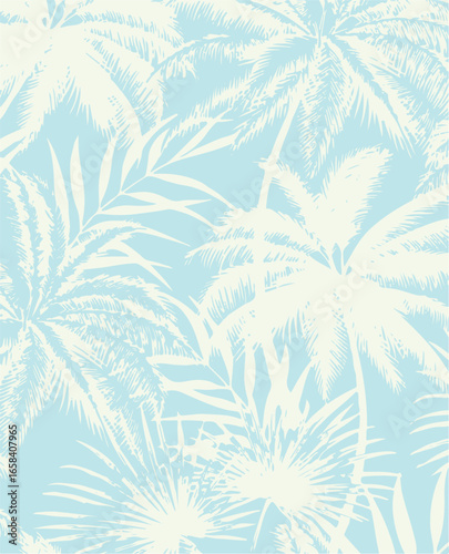 Vibrant seamless pattern a tropical palm tree with lush green leaves on a pure white background, perfect for textiles, wallpaper, and designs.
