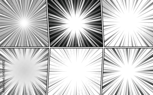 Black and white comic cartoon panel background template with halftone effect.