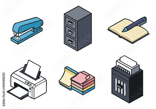 Isometric Pixel Art Illustration: Office Supplies Icons - Stapler, Filing Cabinet, Notebook, Pen, Printer, Sticky Notes, Shredder