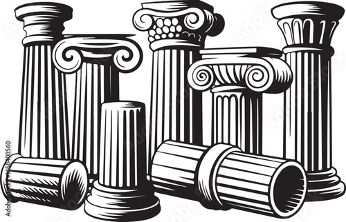 Ancient Columns Vector Illustration in Black and White Architectural Style