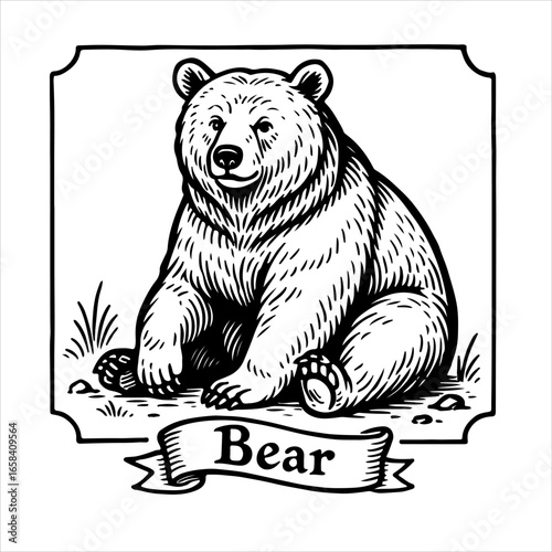 A majestic brown bear sits serenely, depicted in a vintage woodblock style illustration, framed elegantly.