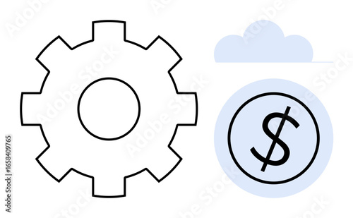 Gear alongside dollar coin under cloud highlights innovation, finance, optimization, and technology. Ideal for fintech, cloud services, automation, startups, cost management business planning