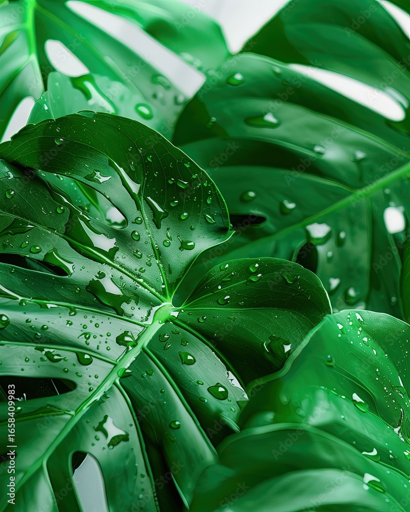 Fototapeta premium photo-realistic close-up of vibrant monstera leaves with visible veins and water droplets. Wallpaper tropical