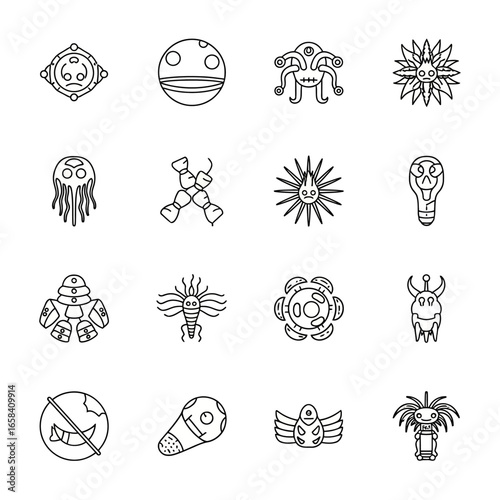 Collection of alien creatures and objects arranged in a grid pattern representing otherworldly life and exploration in a minimalist, line art style.