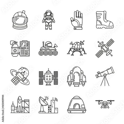 Outlined space exploration elements arranged on white backdrop depicting scientific discovery and technological advancement in minimalist style.