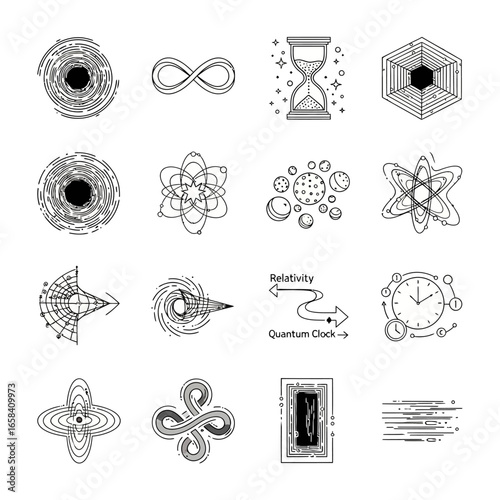 Abstract symbols representing science concepts floating in white space, conveying themes of complexity and interconnectedness.