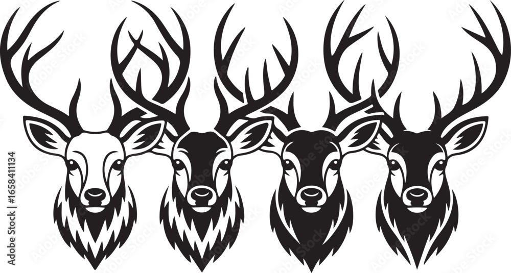 Obraz premium Stag Head Vector Set Antlered Deer Buck Wildlife Animal Portrait Trophy