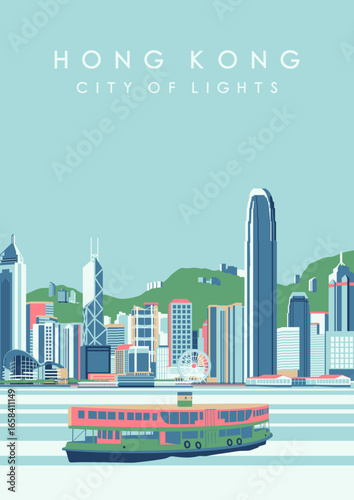 modern Hong Kong city illustration in flat and minimalist style