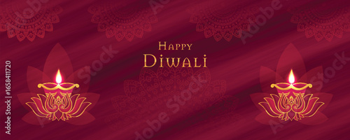 Symmetrical Happy Diwali banner with golden lotus flower diyas. Traditional Indian festival background in crimson red for elegant holiday greetings.