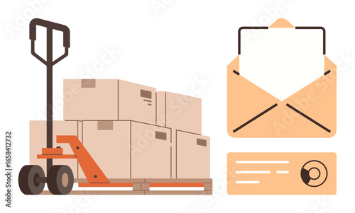 Hand pallet truck stacked with cargo boxes next to an open envelope and document. Ideal for logistics, shipping, courier services, communication, e-commerce, supply chain, and delivery concepts