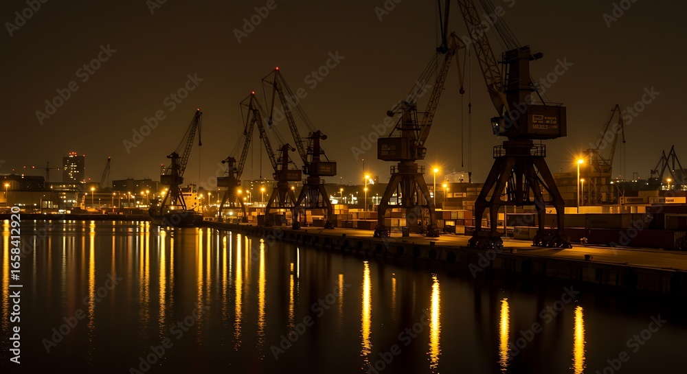 Fototapeta premium Shipping Cranes at Night Reflecting Golden Lights in Calm Water