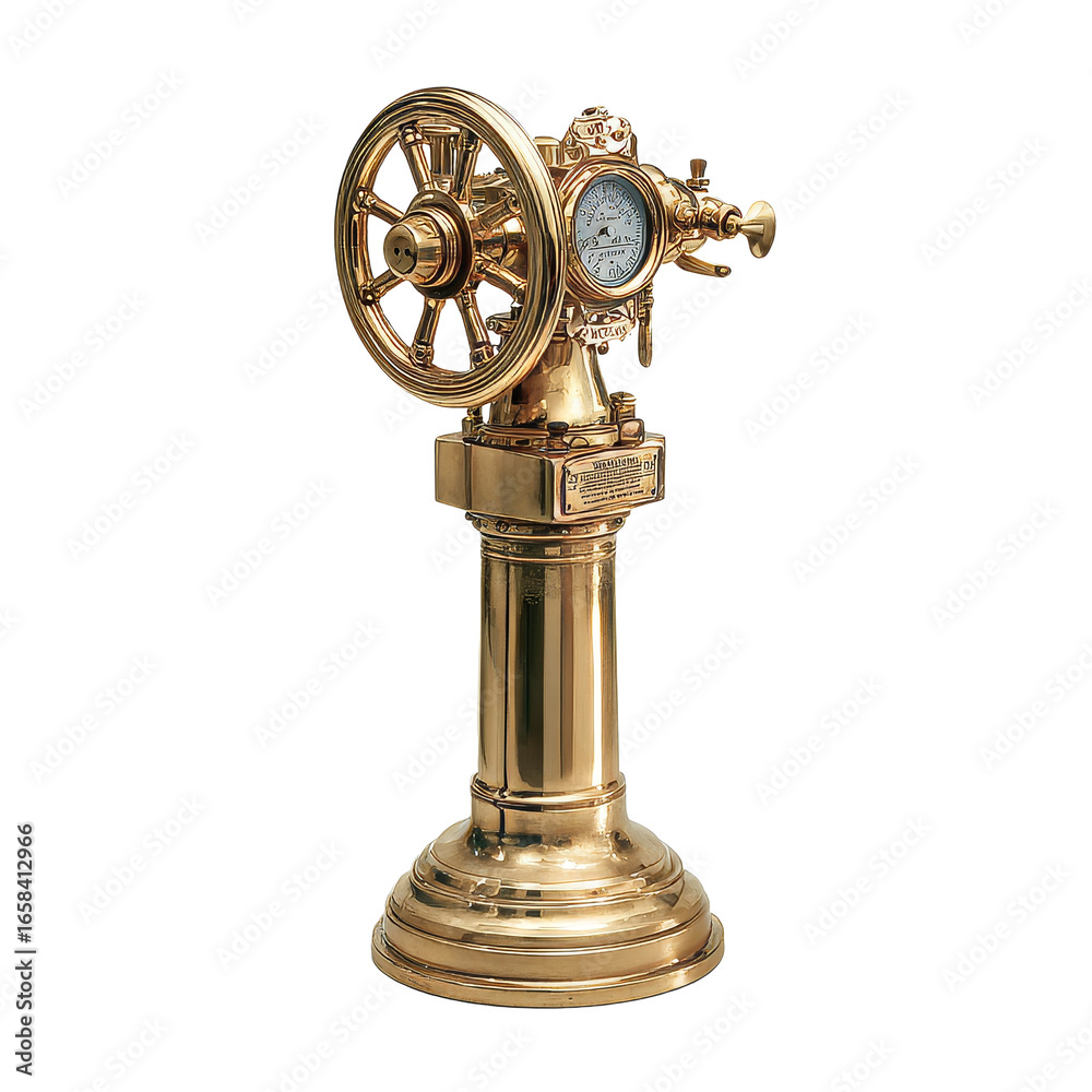 Obraz premium Intricate vintage brass nautical scientific instrument with handwheel and gauge on cylindrical pedestal isolated on transparent background