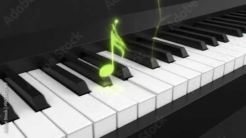 Colorful musical notes animating over piano keys in vibrant sequence