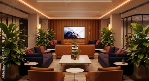 Modern lounge area with plush seating ambient lighting and lush greenery creating a welcoming atmosphere