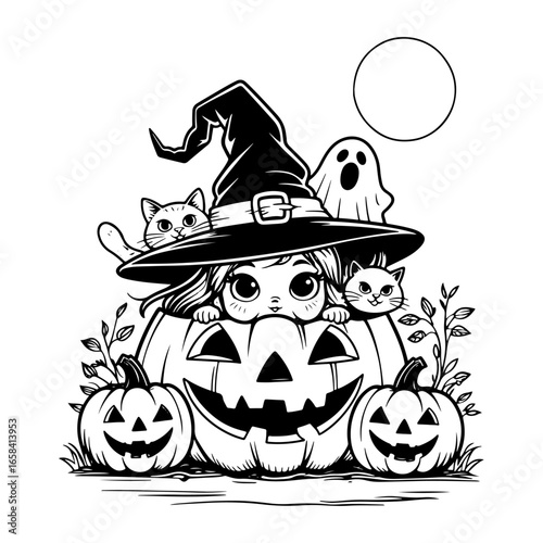 A black and white drawing for a children's Halloween activity, featuring a little witch hiding in a pumpkin with a ghost and a cat. Perfect for a coloring book or educational material.