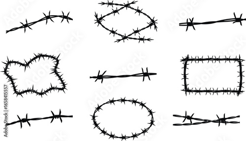 Barbed wire vector illustration. Barbed wire metallic border elements, barb wire set, barb wire icon. Barbed wire fence on the border silhouette illustration