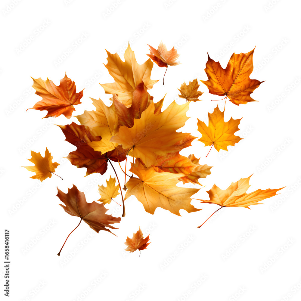 Fototapeta premium Vibrant autumn maple leaves scattered and falling in the wind, evoking the beauty of the season.